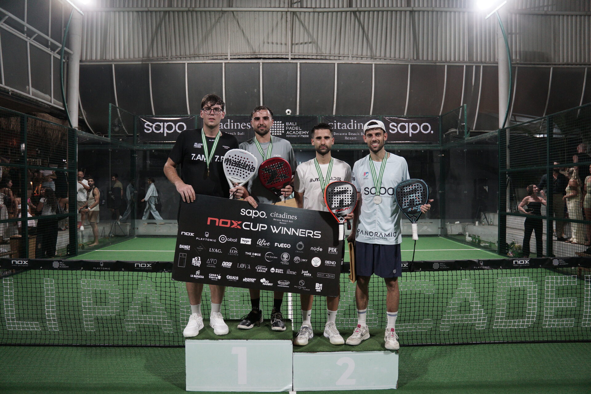 Nox Masters Men Champions Arturo Hernando and Juan Carlos Gama with runners-up David Quiros and Pol Alsina on the Nox Cup podium at Bali Padel Academy